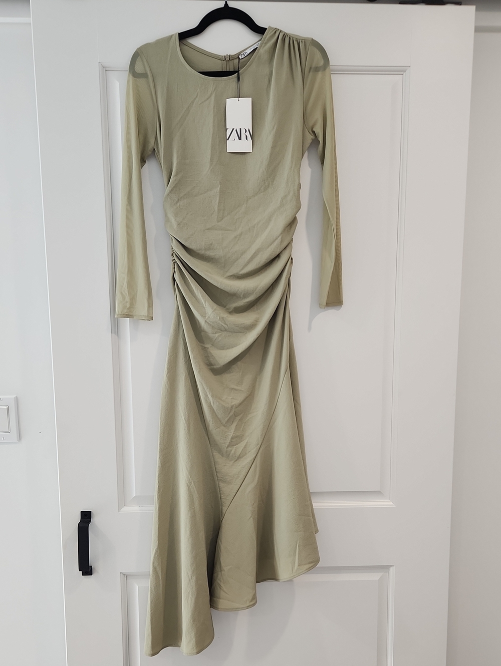 ZARA Light Sage Green Long-Sleeve Ruched Asymmetric Midi Dress